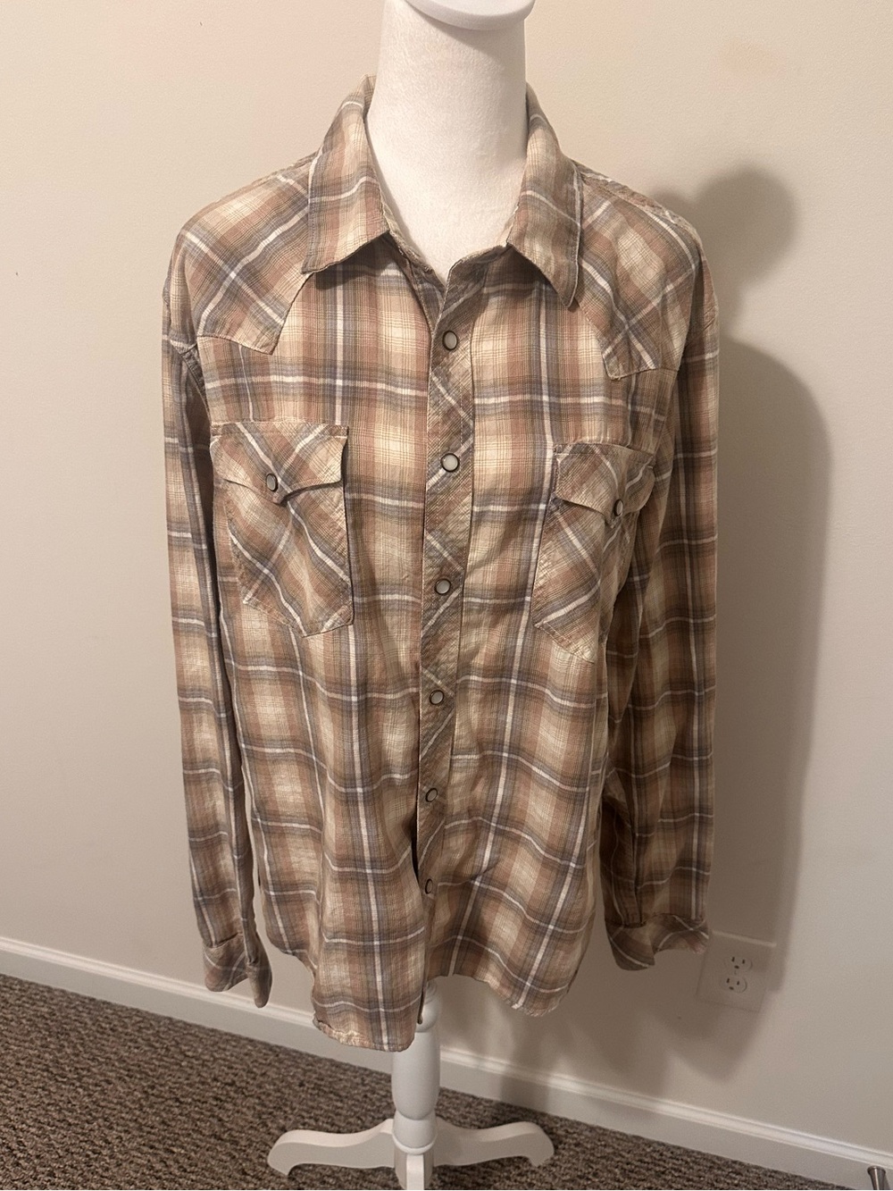 Tecovas Men's Western Plaid Pearl Snap Long Sleeve Shirt in Tan and Brown Size L